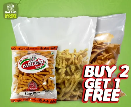 Buy Ribbon pakoda + long muruku 200gm | Get one kirubai long chilli 150gm worth ₹57 free.